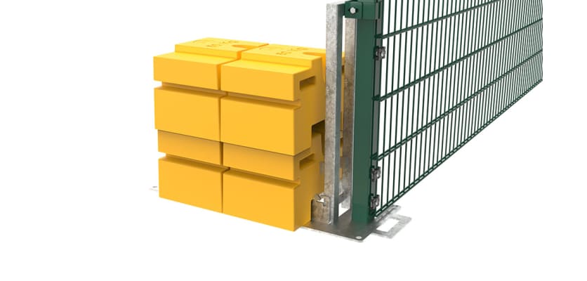 Close up of the Rapidshield Balast system on the Green 868 Mesh Fencing 
