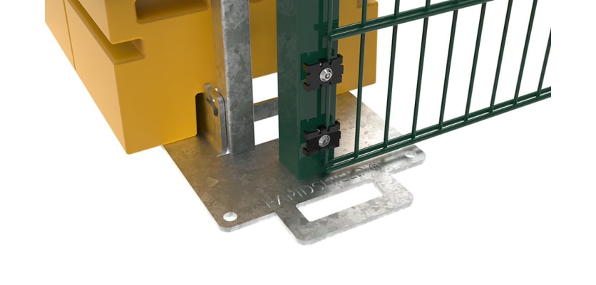 Close up of the base of the ballast system for the 1.8m high Rapidshield 868 Mesh - green finish