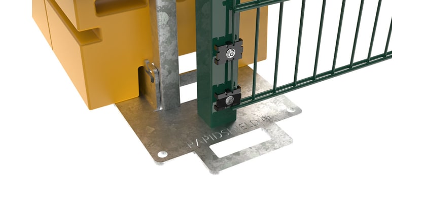 Close up of the base of the ballast system for the 2.4m high Rapidshield 868 Mesh - green finish