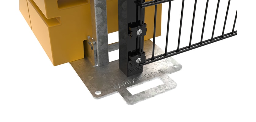 Close up of the base of the ballast system for the 2.4m high Rapidshield 868 Mesh - black finish