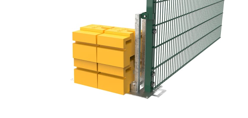 Close up of the Rapidshield Balast system on the Green 868 Mesh Fencing 