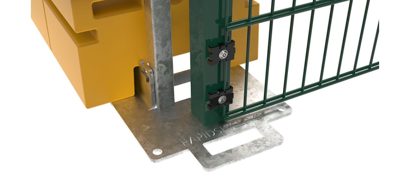 Close up of the base of the ballast system for the 3.0m high Rapidshield 868 Mesh - green finish