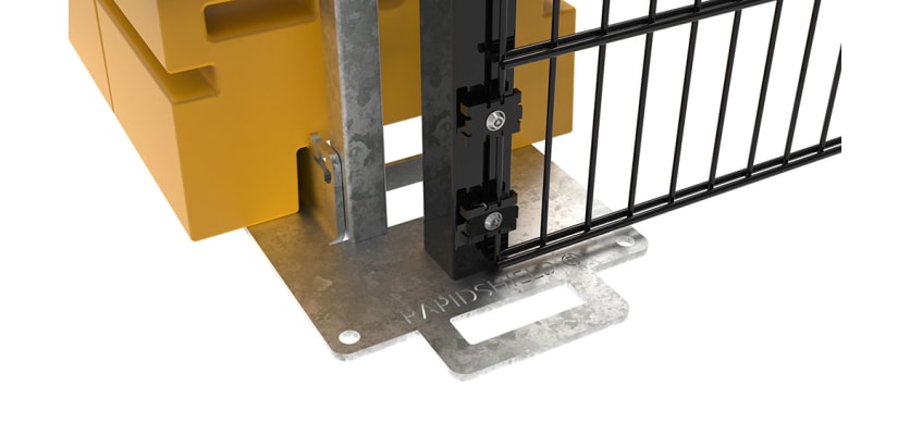 Close up of the base of the ballast system for the 3.0m high Rapidshield 868 Mesh - black finish