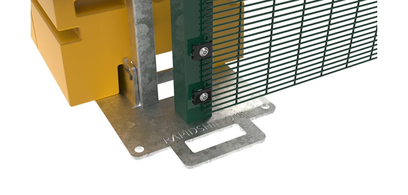 Close up of the base of the ballast system for the 2.0m high Rapidshield 358 Mesh - green finish
