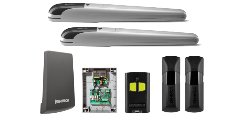 All of the components that are included in the KBOB5024E Above Ground Hydraulic Double Leaf Gate Operator Kit