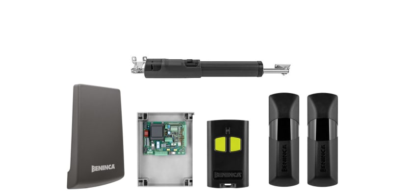 All of the components included in the KSTOM30ME Above Ground Telescopic Single Leaf Swing Gate Operator Kit