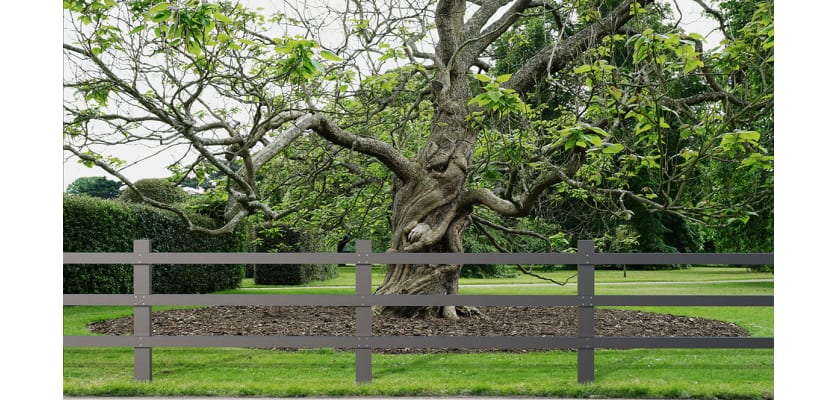 Brown Recycled Plastic Post and Rail Fencing installed round park 