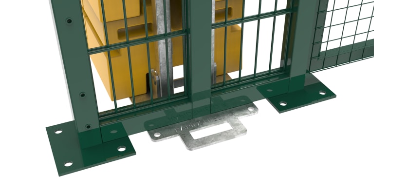 Close up of the Bolt down posts and Ballast system of the RapidShield 2.0m high x 1.2m wide Single Leaf Gate - Green Finish