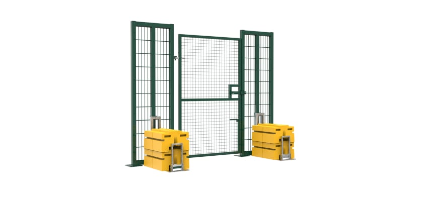 Angled view of the RapidShield 2.0m High x 1.2m Wide Single Leaf Gate and Ballast Blocks with Green Finish