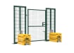 Angled view of the RapidShield 2.0m High x 1.2m Wide Single Leaf Gate and Ballast Blocks with Green Finish