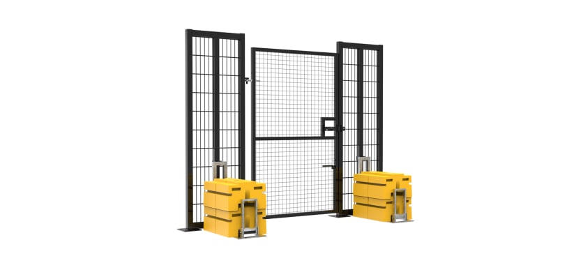 Angled view of the RapidShield 2.0m High x 1.2m Wide Single Leaf Gate and Ballast Blocks with Black Finish