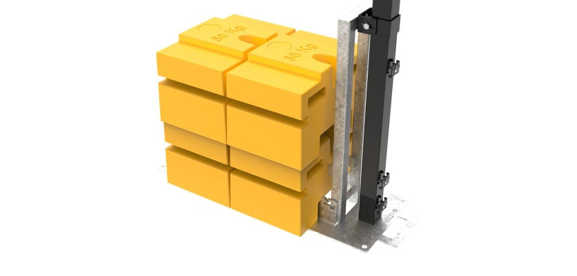 Close up of the 1.8m high 868 Mesh RapidShield End post and Ballast Block - Black Finish