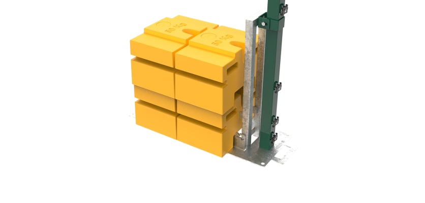 Close up of the 2.0m high 868 Mesh RapidShield End post and Ballast Block - Green Finish