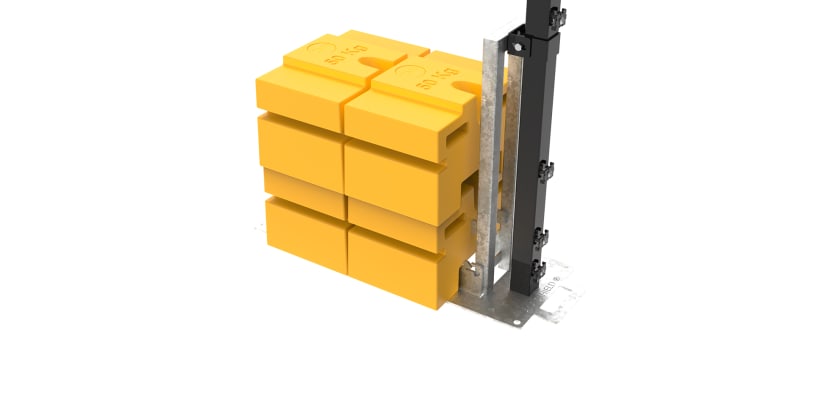 Close up of the 2.0m high 868 Mesh RapidShield End post and Ballast Block - Black Finish