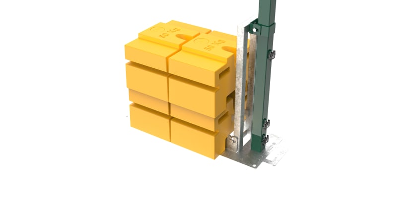 Close up of the 2.4m high 868 Mesh RapidShield End post and Ballast Block - Green Finish