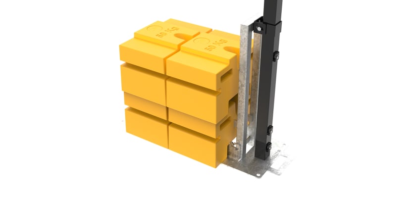 Close up of the 1.8m high RapidShield End post and Ballast Block - Black Finish
