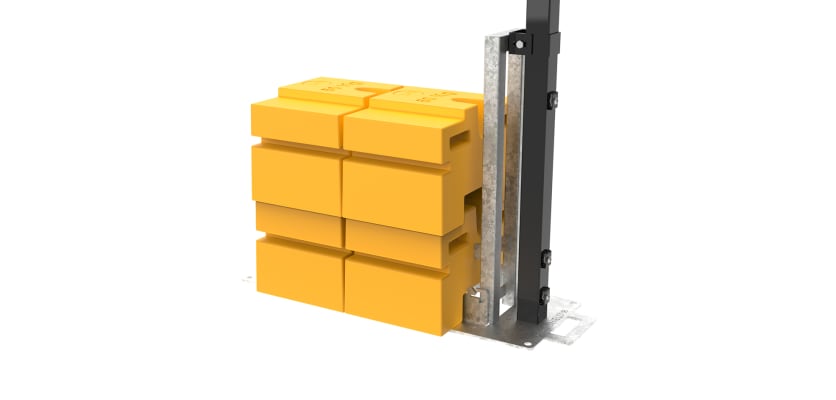 Close up of the 2.4m high RapidShield End post and Ballast Block - Black Finish