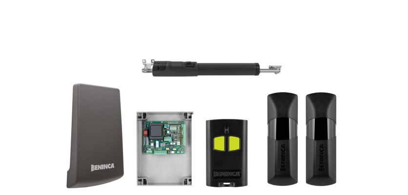 All of the items included in the KSTOM40M Telescopic Single Leaf Swing Gate Operator Kit