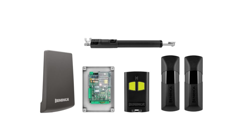 All of the compoenents included in the  KSTOM5024ME Telescopic Single Leaf Swing Gate Operator Kit 