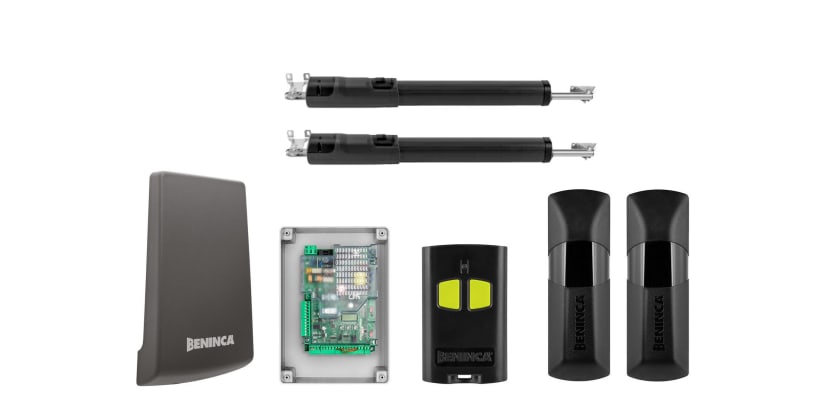 All of the components in the KTOM5024ME Telescopic Double Leaf Swing Gate Operator Kit 