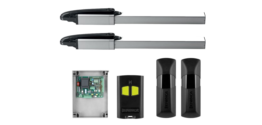 All of the components that are included in the CAB Hydro KHD 18AC Hydraulic Double Leaf Gate Operator Kit 