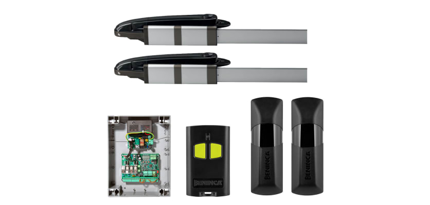 All of the items that are included in the CAB Hydro KHD 5024EAC Hydraulic Double Leaf Swing Gate Operator Kit