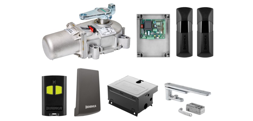 All of the items that are included with the KSDU IT14NVE Underground Single Leaf Swing Gate Operator Kit 
