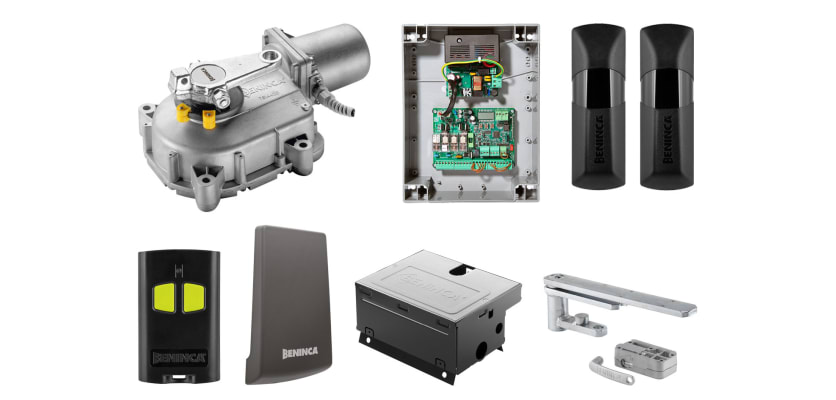 All of the components that are included in the KSDU IT24NVE Underground Single Leaf Swing Gate Operator Kit