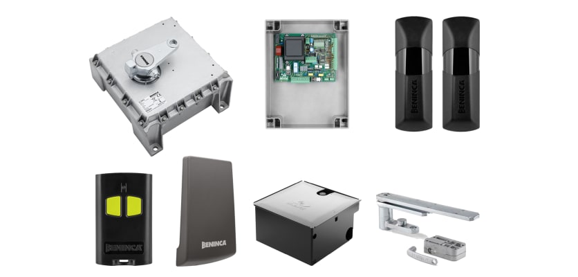 All of the components that are included with the KDU 350NVE Underground Double Leaf Swing Gate Operator Kit 