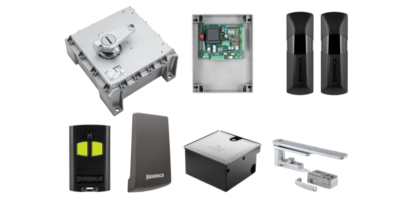 All of the items that are included with the KSDU 350NGE Undrground Single Leaf Swing Gate Operator Kit 