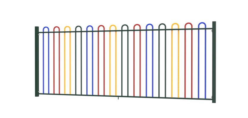 An angled view of the 1.2m High EnviroRail Child Safe Bow Top Railings with a Multicoloured Finish
