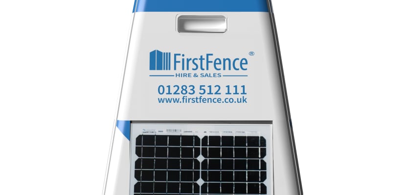 A front View showing the First Fence Logo and the Solar panels 