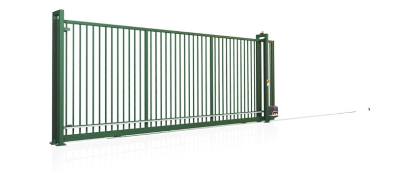 Green Automated Tracked Sliding Gate with vertical infill 