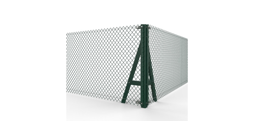 Green Steel Corner Strainer Post Kit installed with chain link mesh