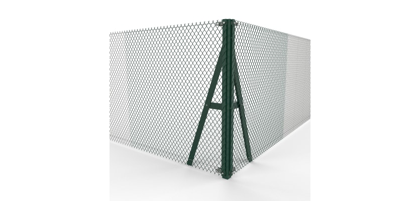 Green Steel Corner Strainer Post Kit installed with chain link mesh