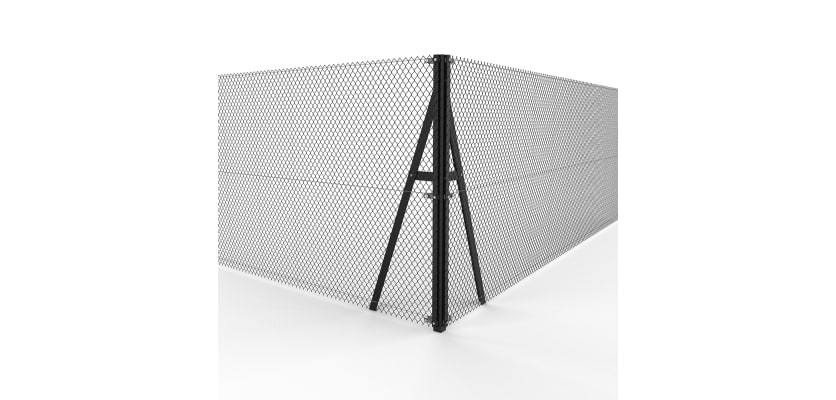 Black Steel Corner Strainer Post Kit installed with chain link mesh