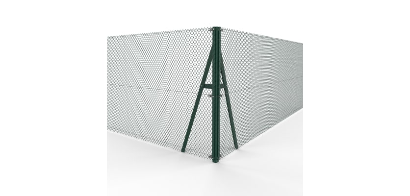 Green Steel Corner Strainer Post Kit installed with chain link mesh