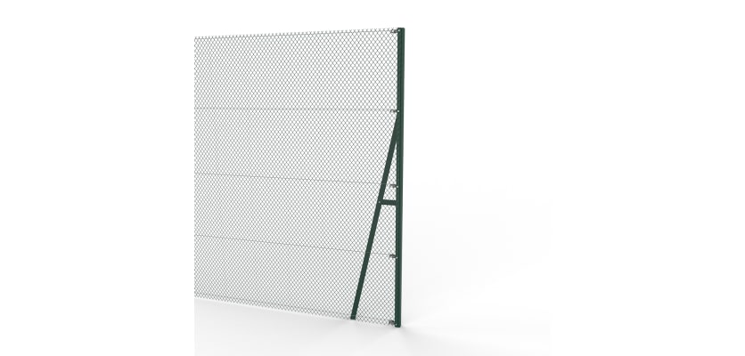 Green Steel End Strainer Post Kit installed with chain link mesh