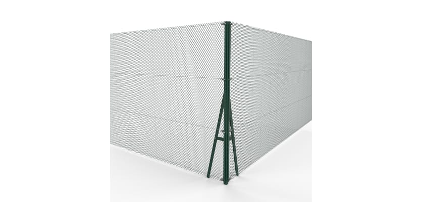 Green Steel Corner Strainer Post Kit installed with chain link mesh
