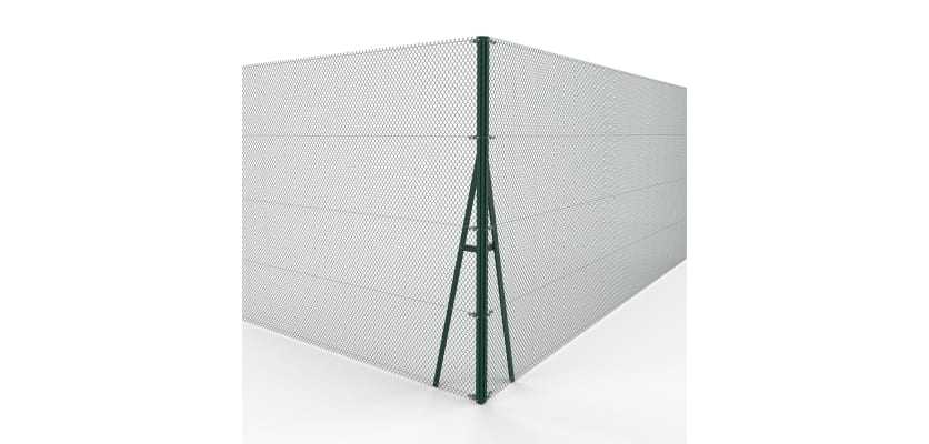 Green Steel Corner Strainer Post Kit installed with chain link mesh