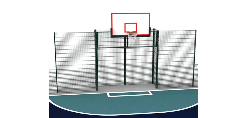 MUGAPlay® Rebound MUGA Goal Mesh Fencing Kit with basketball hoop above
