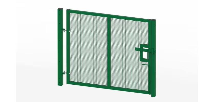 Heavy-duty 358 prison mesh single leaf gate kit measuring 2.4m high by 2.5m wide, designed for enhanced security and durability, featuring a robust frame and mesh infill.