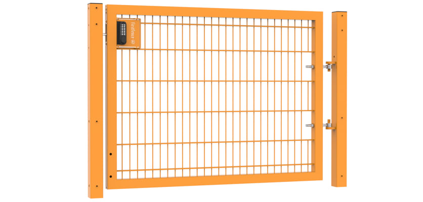 A Yellow 1.2m by 2.0m Apollo Single Leaf 868 Mesh Security Gate with Digital Lock
