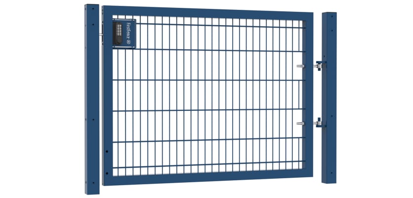 An Apollo Single leaf 868 Twin Mesh gate 1.2m high by 2.0m wide with a digital keypad - Blue finish