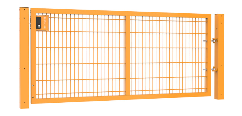 A Yellow 1.2m High by 2.5m Wide Apollo 868 Twin Mesh Gate with Key Lock