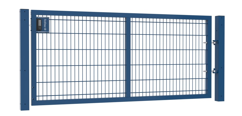 An Apollo Single leaf 868 Twin Mesh gate 1.2m high by 2.0m wide with a digital keypad - Blue finish