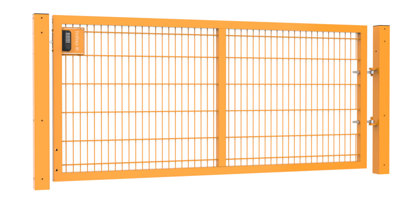 A Yellow 1.2m by 2.5m Apollo Single Leaf 868 Mesh Security Gate with Digital Lock
