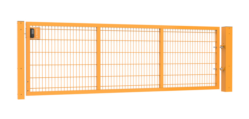 A Yellow 1.2m by 3.0m Apollo Single Leaf 868 Mesh Security Gate with Digital Lock