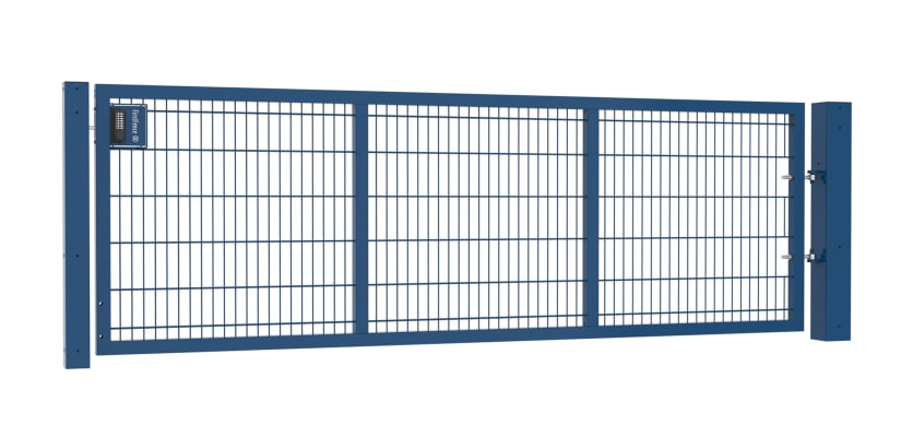 An Apollo Single leaf 868 Twin Mesh gate 1.2m high by 3.5m wide with a digital keypad - Blue finish