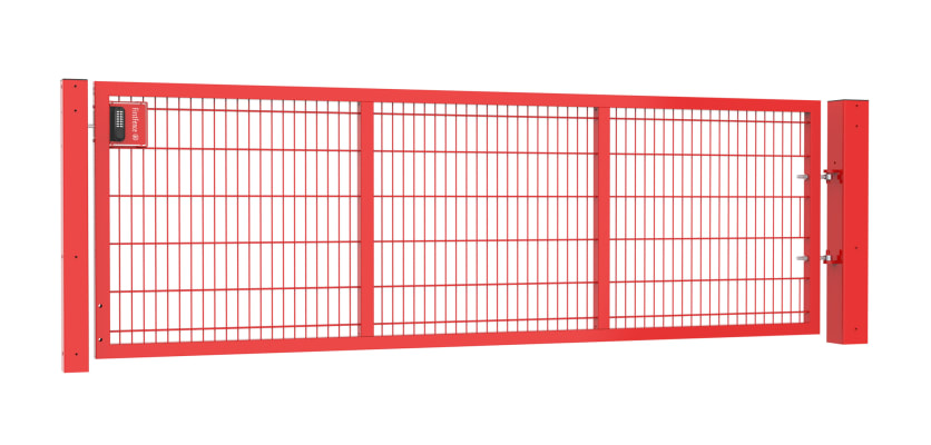 A Red 1.2m x 3.5m 868 Twin Mesh Apollo Single Leaf Security Gate with Digital Lock